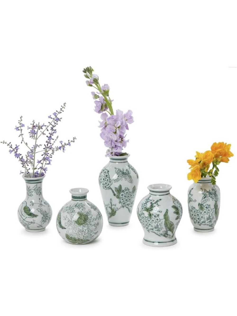 Chinoiserie Mini Vases Set of 5 - Elegant Porcelain Primrose & Lotus Decor